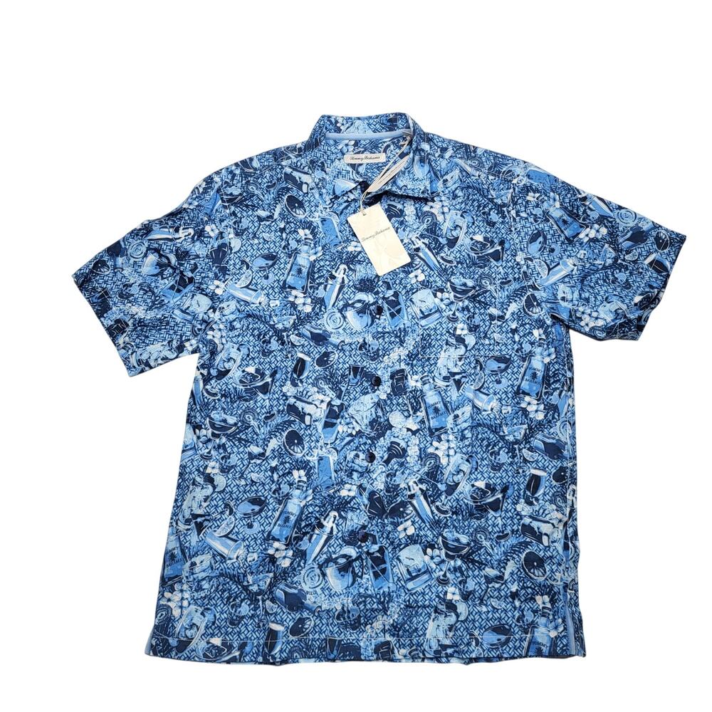Tommy Bahama Island Mixer Linen Button Down Camp Shirt Blue Short Sleeve Medium